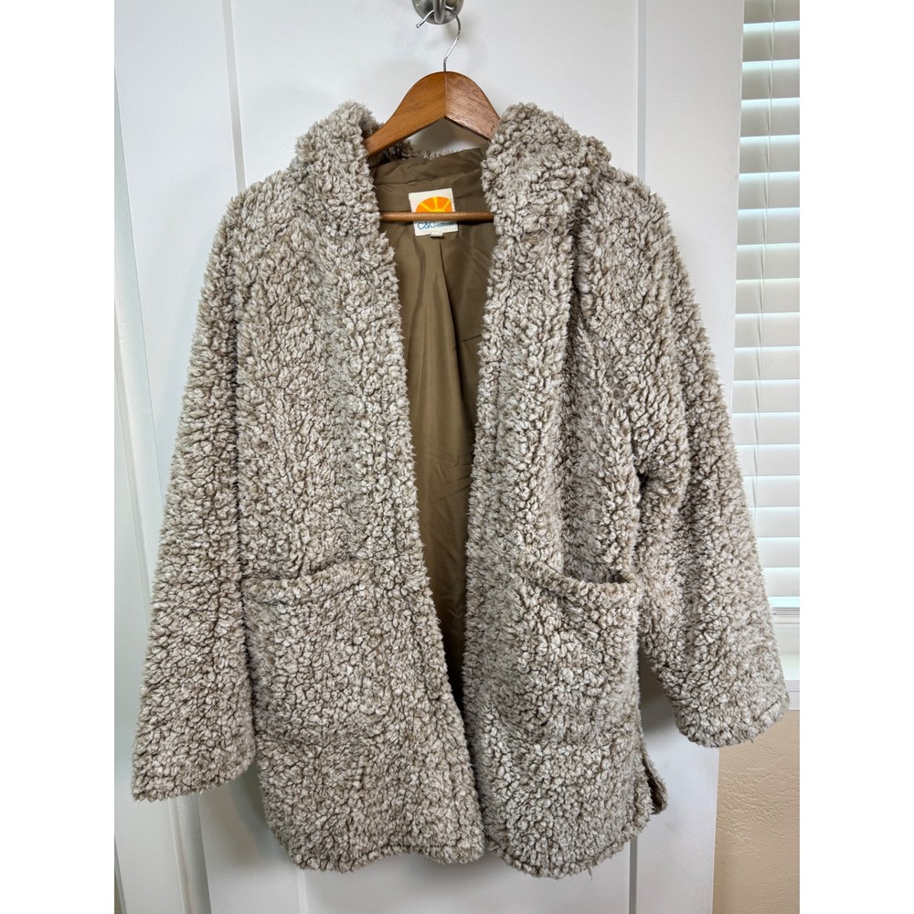 C&C California Teddy Bear Hooded Sherpa Coat Beige Taupe Open Front Small